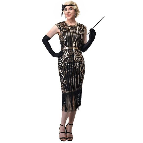✨ Flapper Great Gatsby Roaring 1920s Retro Tassel Fringe Sequin Dress SIZE L NEW - Picture 3 of 17